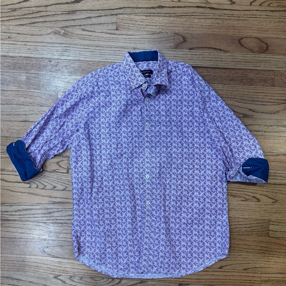 Bugatchi Classic Fit Men's Lavender Patterned Button Down with Flipped Cuffs Med